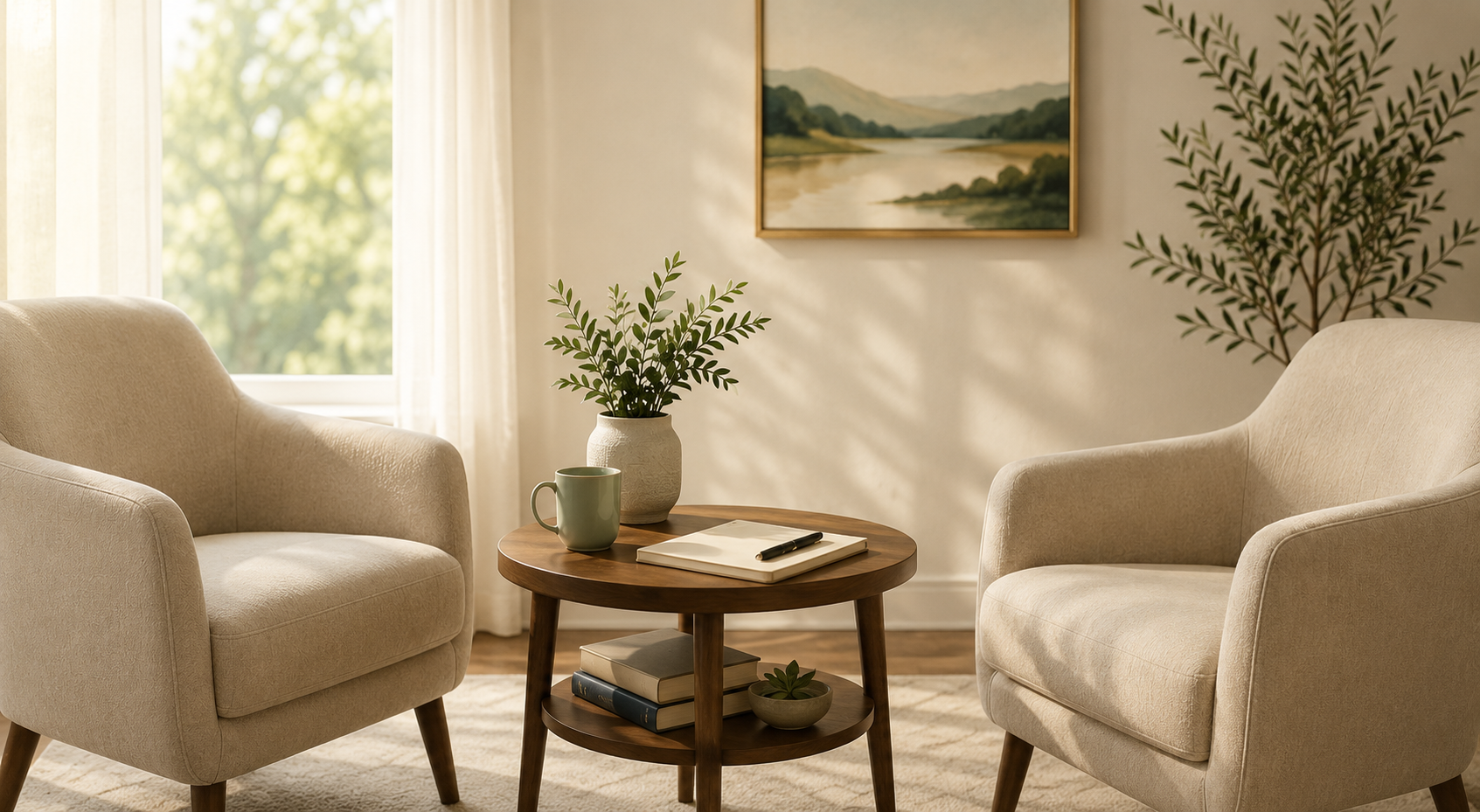 A calm, sunlit sitting room with two upholstered chairs and a small wooden side table