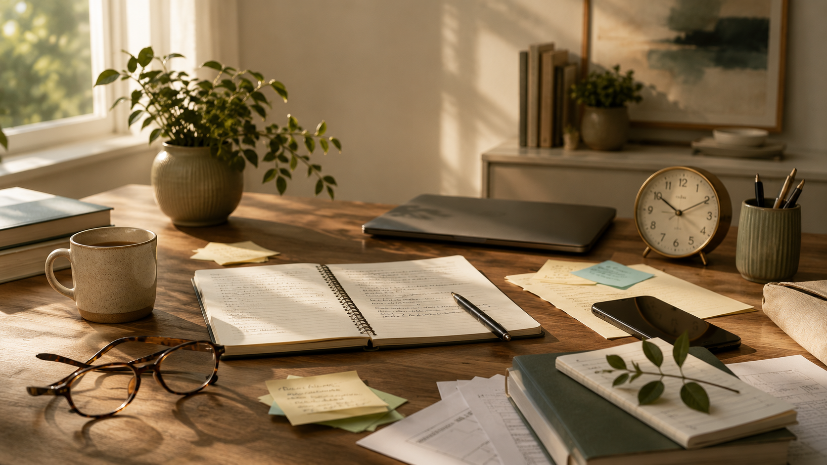 A sunlit desk with an open notebook, pen, glasses, and a warm cup of coffee