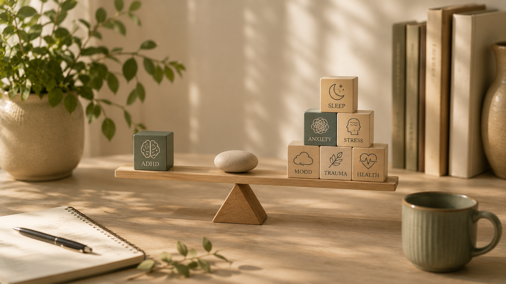 Wooden blocks labeled ADHD, sleep, anxiety, stress, mood, and trauma balanced on a small seesaw