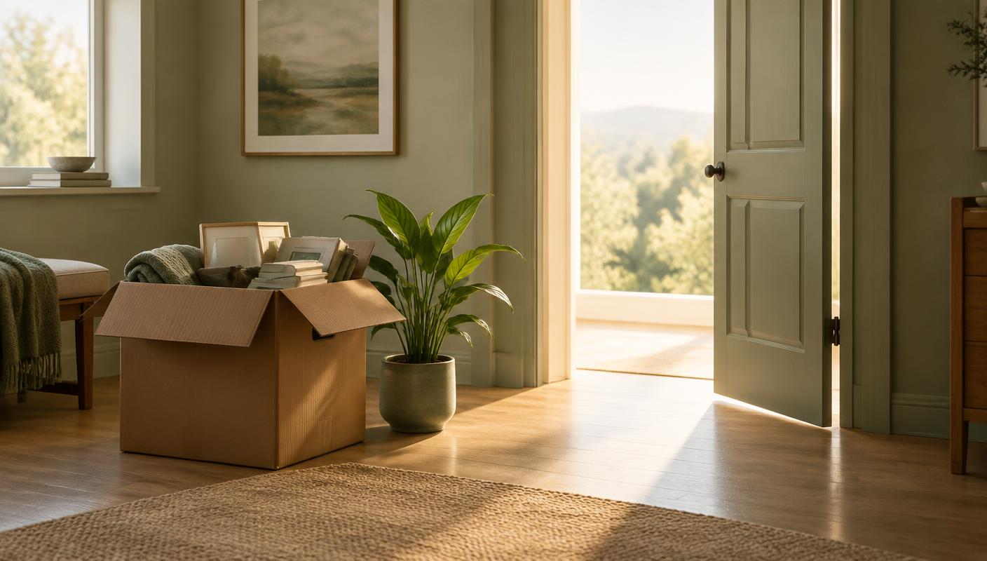 A tidy moving box and green plant beside an open doorway filled with morning light
