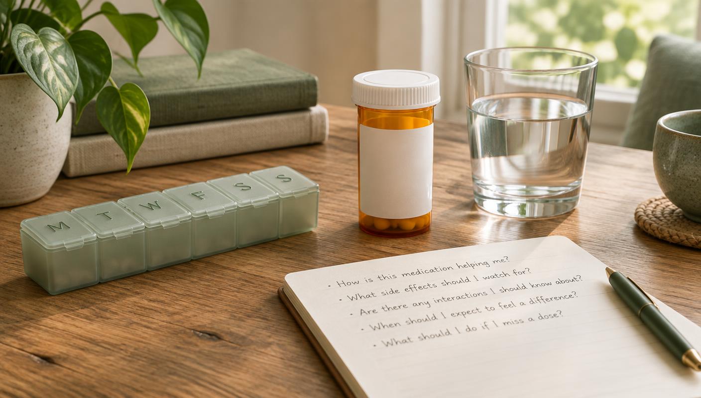 A medication organizer, blank prescription bottle, water, and a notebook with questions on a sunlit table