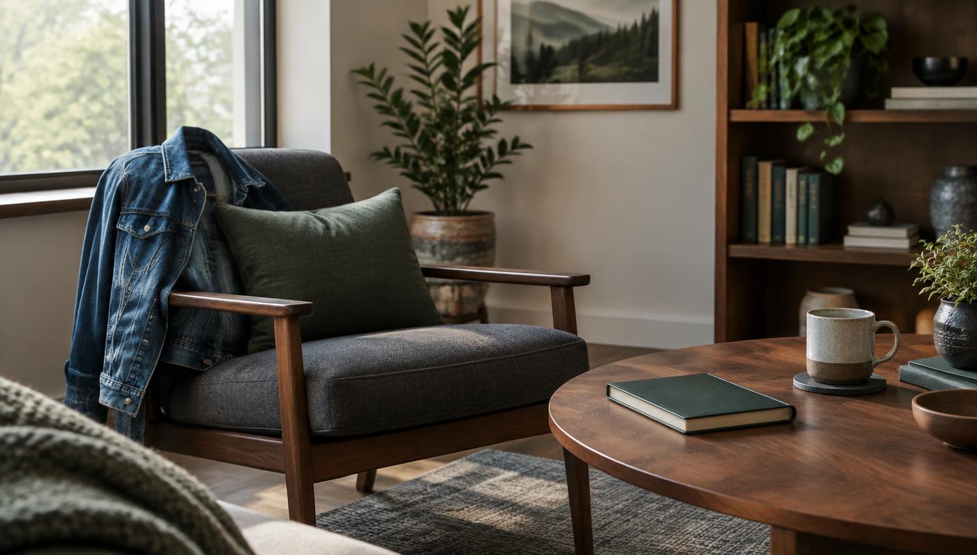 A quiet room with a jacket on a chair, a closed journal, and a mug in soft window light